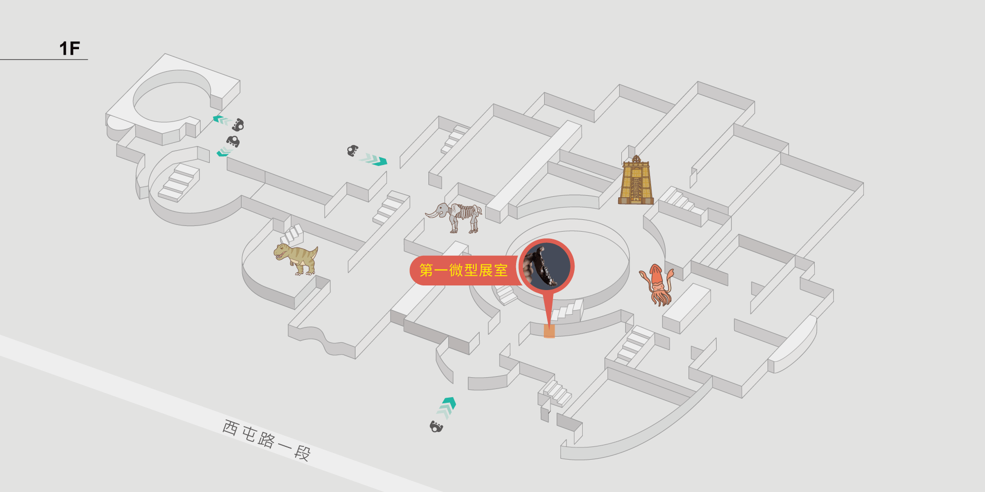 國立自然科學博物館微型特展室指引地圖。這張圖片是一張展示空間的 1F 平面圖，標示出「微型特展室」的位置。地圖上使用 3D 立體建築框架，並包含一些代表展品的圖示，例如恐龍、象骨架、傳統建築模型與其他動物雕塑。標示「微型特展室」的紅色標記包含丹尼索瓦人化石圖示，指示該展間為「微型特展室」的位置。地圖左下角有「西屯路一段」，顯示建築的地理位置資訊。