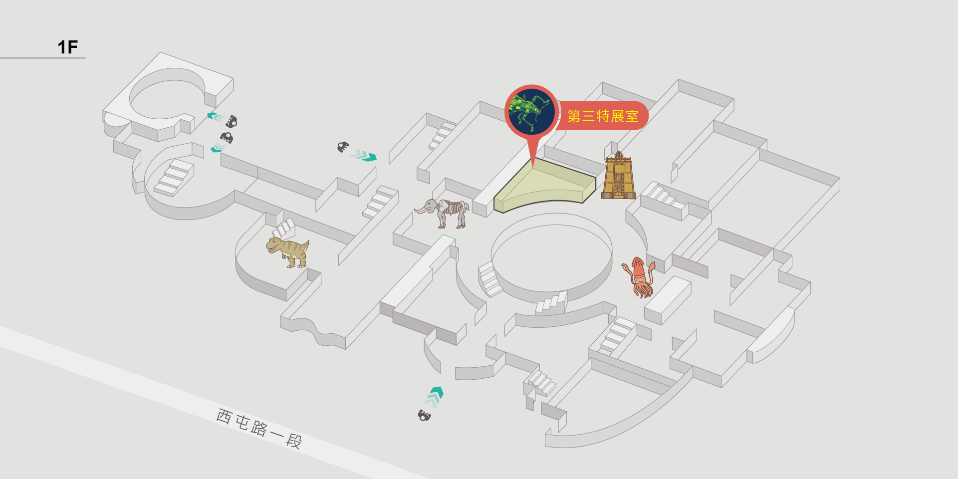 國立自然科學博物館第三特展室指引地圖。這張圖片是一張展示空間的 1F 平面圖，標示出「第三特展室」的位置。地圖上使用 3D 立體建築框架，並包含一些代表展品的圖示，例如恐龍、象骨架、傳統建築模型與其他動物雕塑。標示「第三特展室」的紅色標記包含一個螢光綠色象鼻蟲圖示，指示該展間為「第三特展室」的位置。地圖左下角有「西屯路一段」，顯示建築的地理位置資訊。
