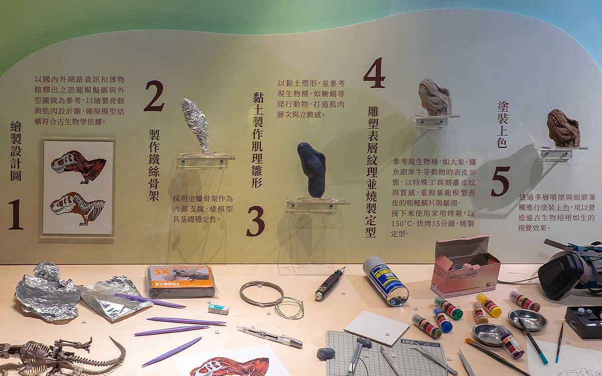 這款1/20暴龍頭部模型與製作流程的展示，由臺灣在地的工作室－夢工廠公仔工作室提供。製作過程參考了國內外網路資訊和博物館釋出之恐龍模擬圖與外型圖，並透過細緻的塑形與雕刻技法，呈現「平面圖像」轉化成「立體結構」的關鍵歷程。