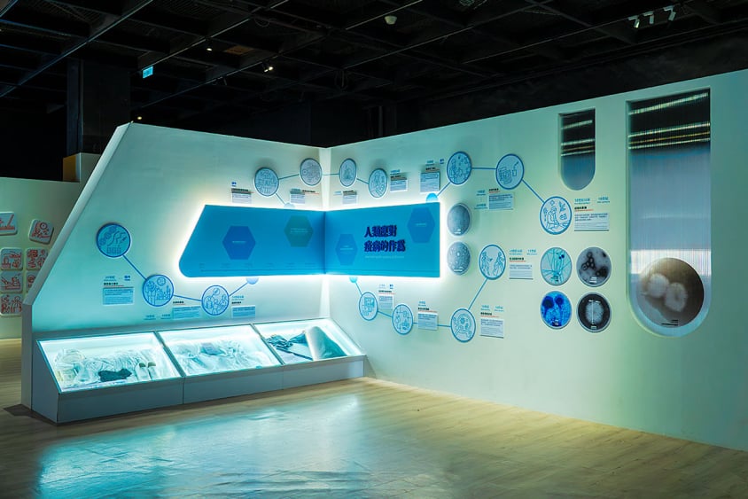 「看見你我他牠它」特展第三區「人類應對疾病的作為」，白色展牆結合歷史演進圖表與防護裝備展示櫃
