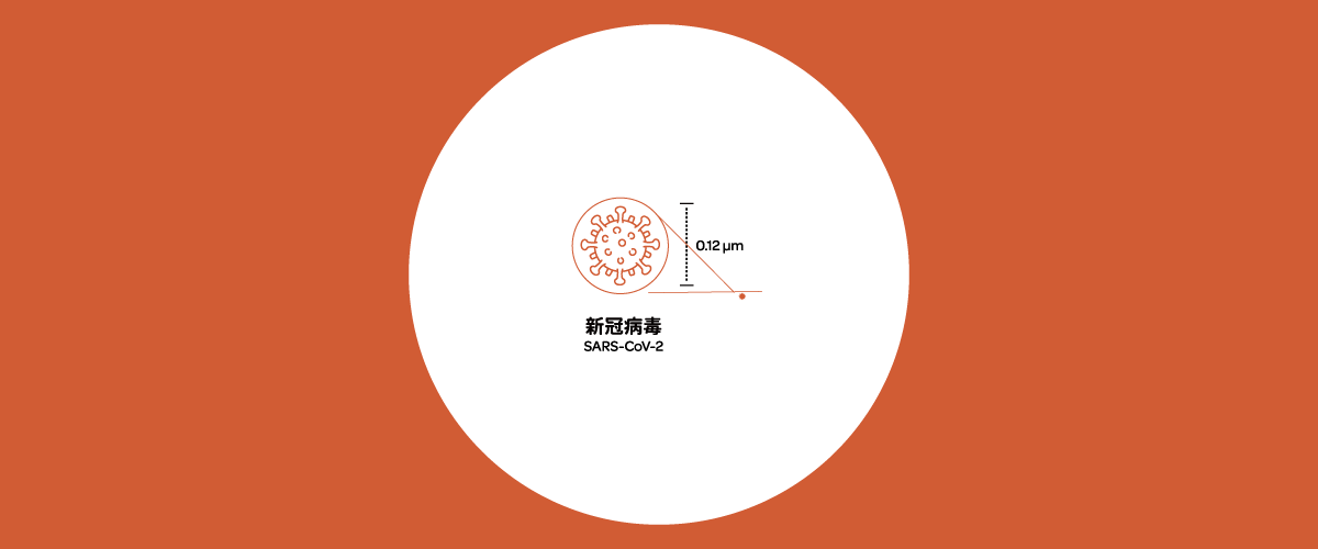微觀世界病毒主題插圖，圓圈內展示新冠病毒模型，並標註其尺寸大小約為0.12微米，呼應下方內文提及病毒是由基因與外殼組成的遺傳訊息包。
